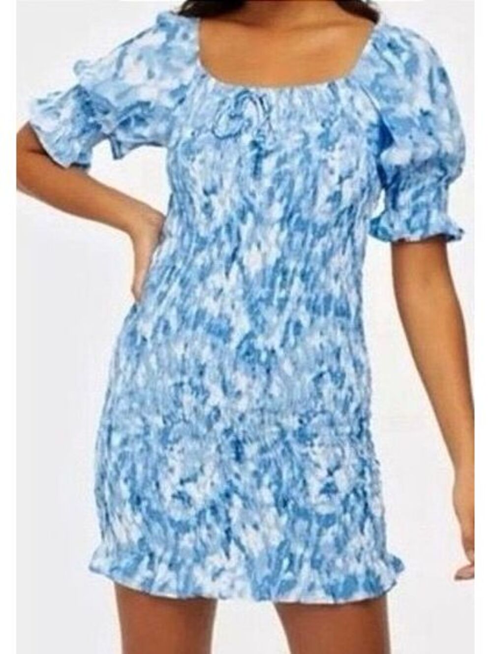 Faithfull The Brand Blue Floral Smocked Mini Dress S Puff Sleeve Ruffle